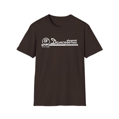 Brown t-shirt with white "Danceteria 1979-1986 30w 21st New York City" graphic.