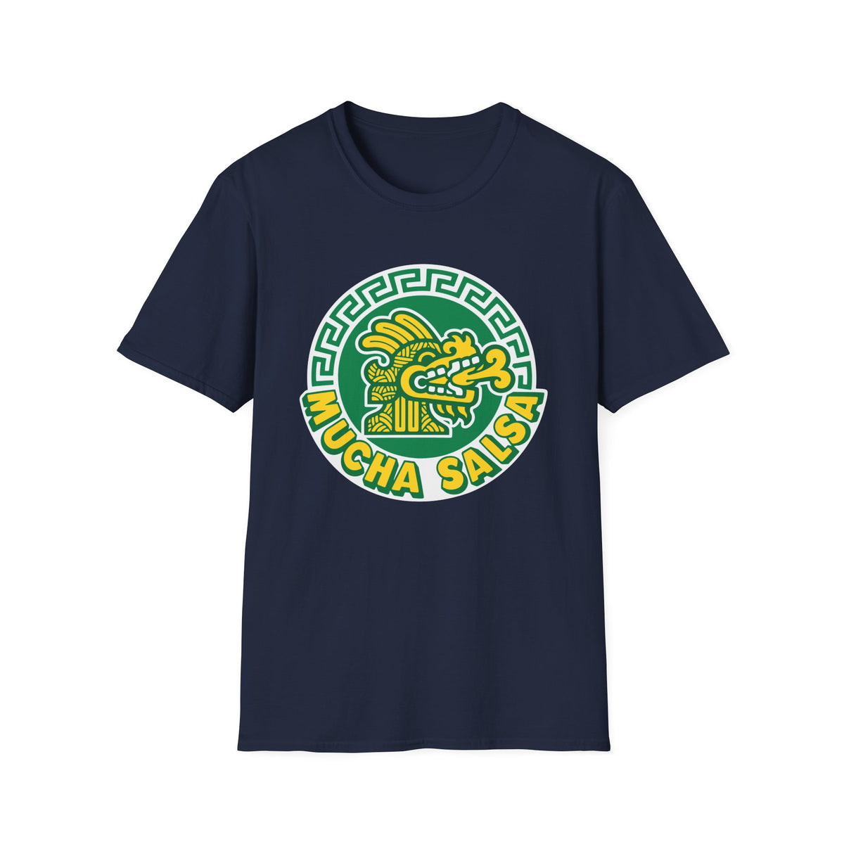 Navy t-shirt with green and yellow "Mucha Salsa" logo featuring a dragon head.
