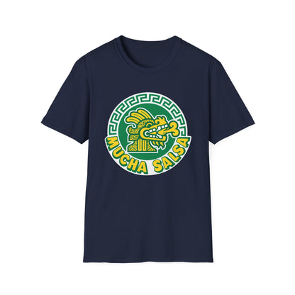 Navy t-shirt with green and yellow "Mucha Salsa" logo featuring a dragon head.