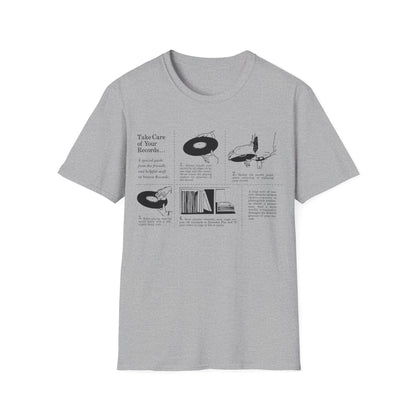 T-shirt with graphic detailing how to care for vinyl records, including handling, storage, and cleaning.