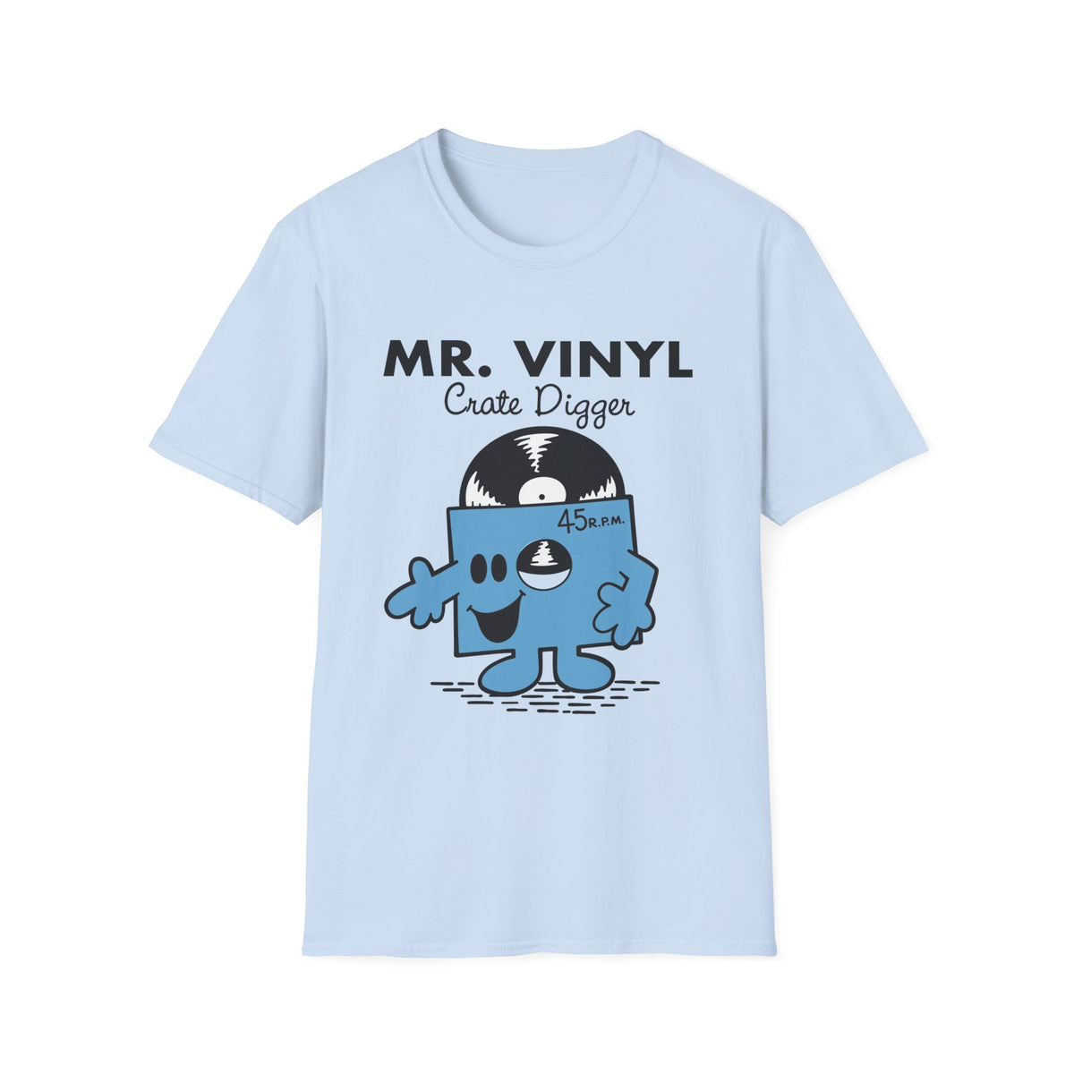 Light blue t-shirt with "MR. VINYL Crate Digger" and cartoon vinyl record character.