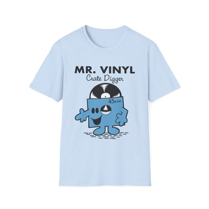 Light blue t-shirt with "MR. VINYL Crate Digger" and cartoon vinyl record character.