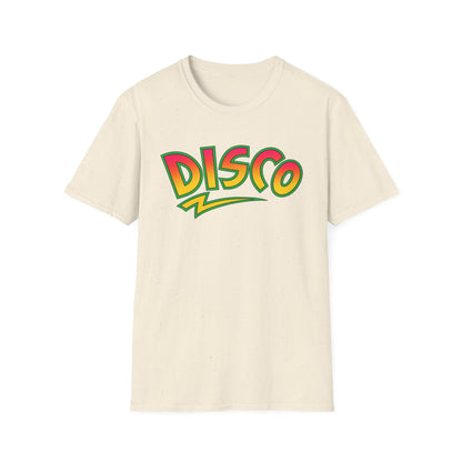 Cream t-shirt with "Disco" text in colorful gradient letters.