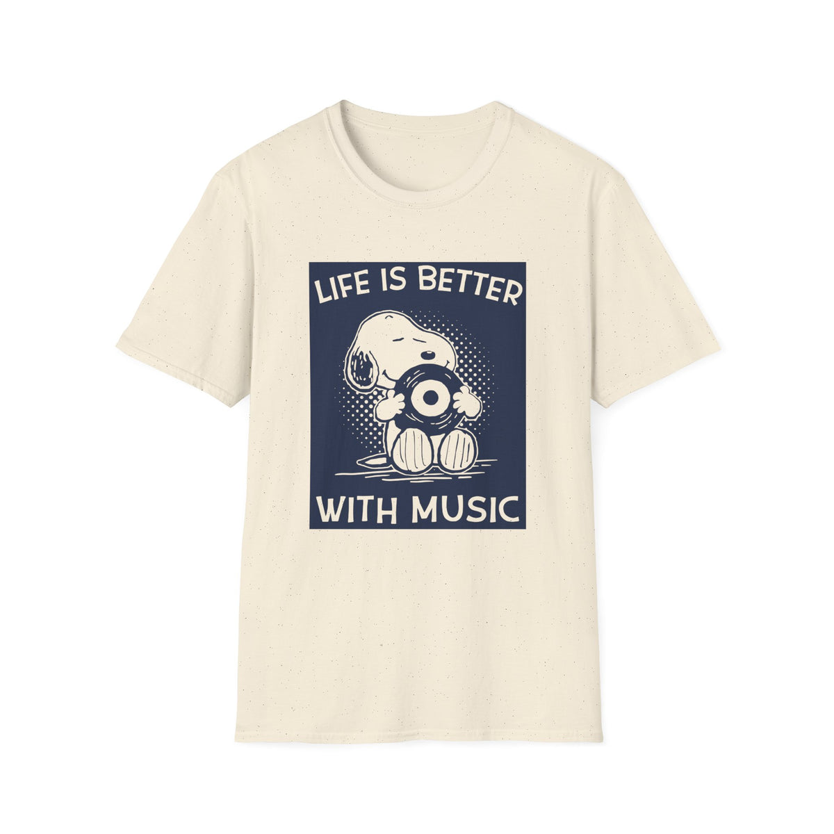 Snoopy holding a record with text "Life is better with music" on a shirt.