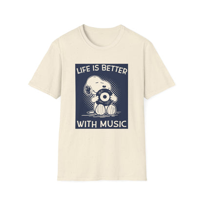 Snoopy holding a record with text "Life is better with music" on a shirt.