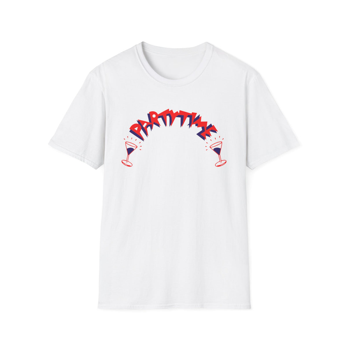 White t-shirt with red and blue "PARTY TIME" text and two martini glasses.