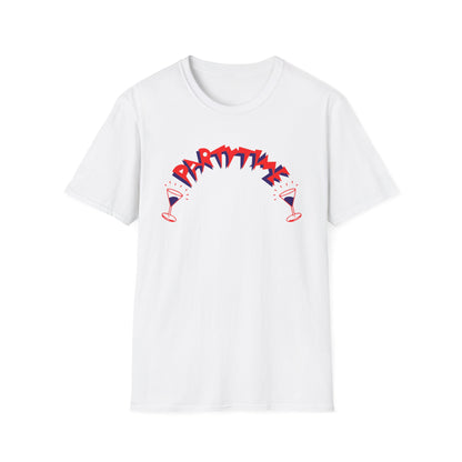 White t-shirt with red and blue "PARTY TIME" text and two martini glasses.