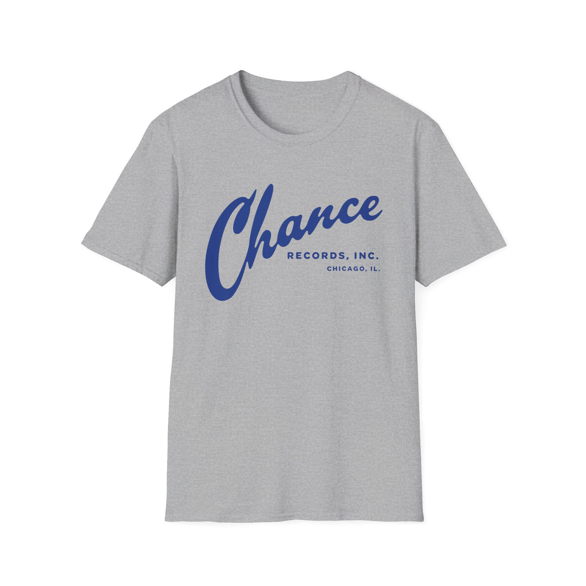 Grey t-shirt with blue Chance Records Inc. Chicago, IL text.