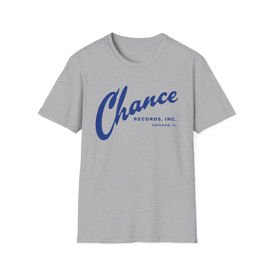 Grey t-shirt with blue Chance Records Inc. Chicago, IL text.