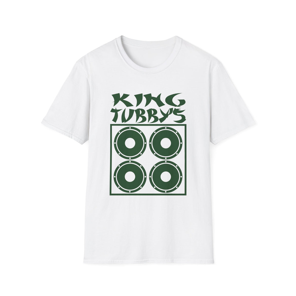 White t-shirt with King Tubby's logo featuring a square of four speaker cones.