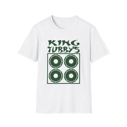 White t-shirt with King Tubby's logo featuring a square of four speaker cones.