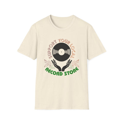Cream t-shirt with a record and hands graphic reading "Support Your Local Record Store".