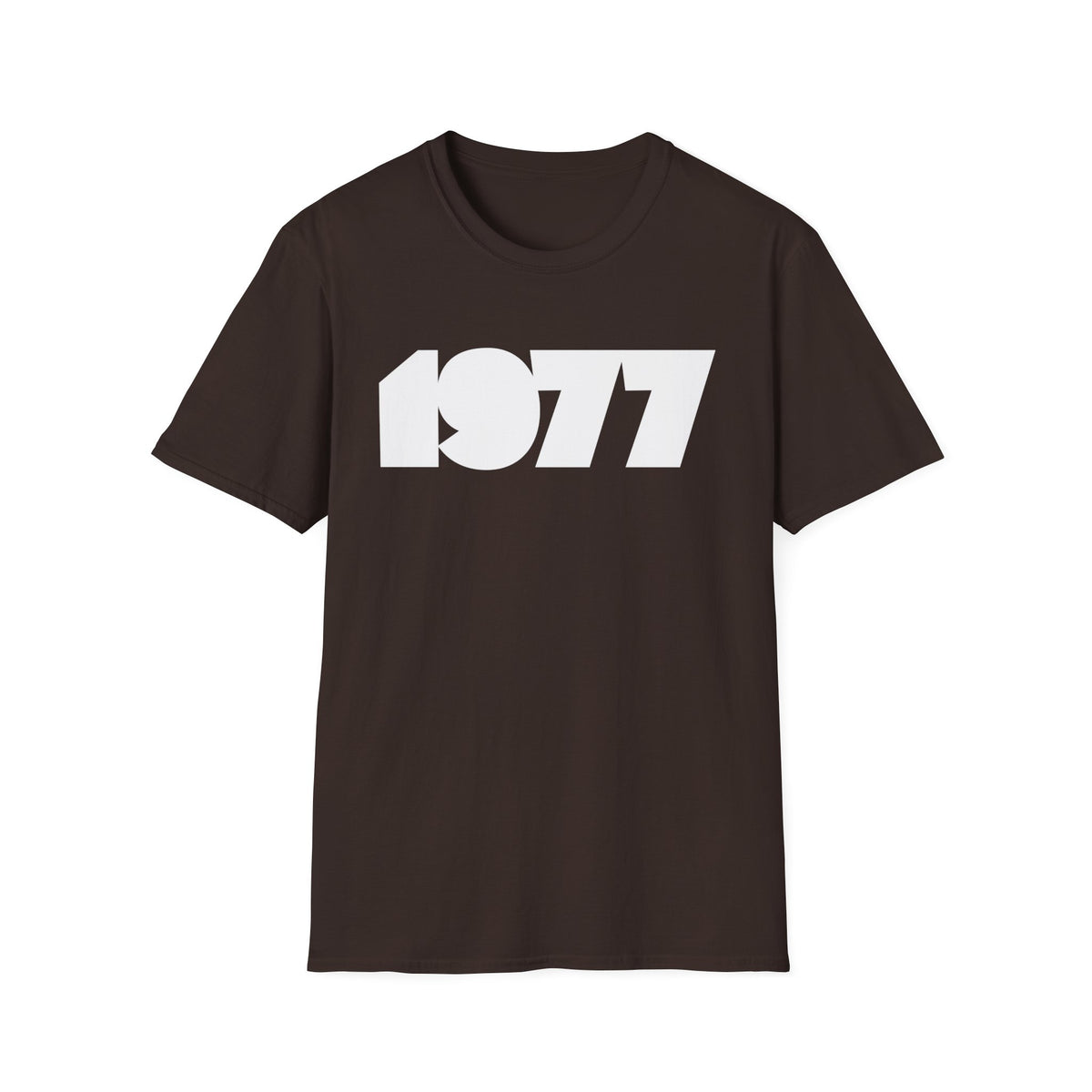 Dark brown t-shirt with white "1977" text graphic.