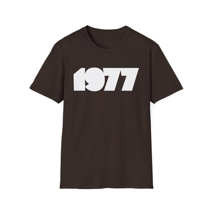 Dark brown t-shirt with white "1977" text graphic.