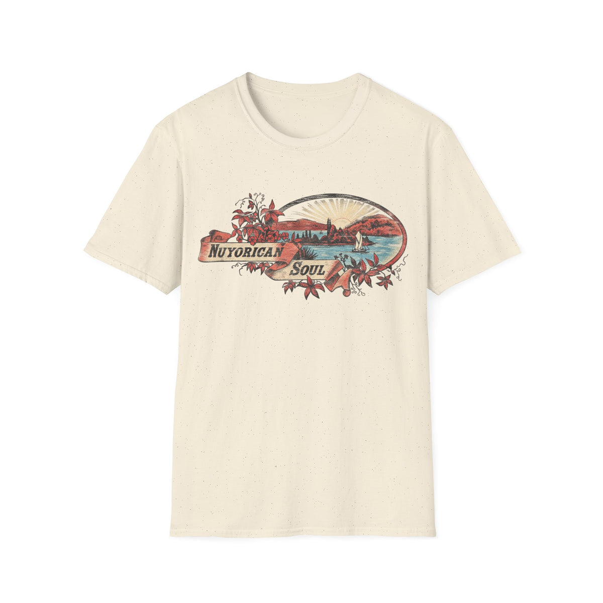 Off-white crewneck t-shirt featuring a vintage landscape illustration and the text "NUYORICAN SOUL" on a banner.