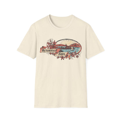 Off-white crewneck t-shirt featuring a vintage landscape illustration and the text "NUYORICAN SOUL" on a banner.