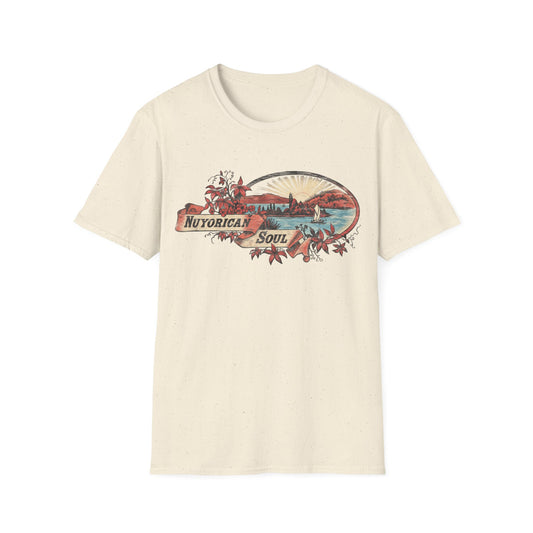 Off-white crewneck t-shirt featuring a vintage landscape illustration and the text "NUYORICAN SOUL" on a banner.