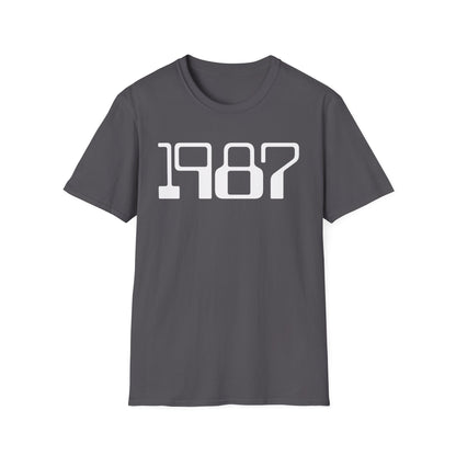 Dark gray t-shirt with white "1987" graphic on the front.