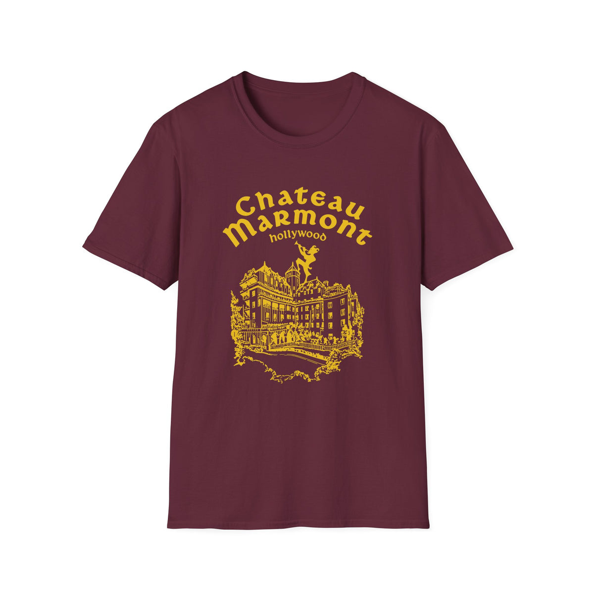 Burgundy t-shirt with yellow Chateau Marmont Hollywood graphic and building illustration.