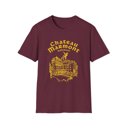 Burgundy t-shirt with yellow Chateau Marmont Hollywood graphic and building illustration.