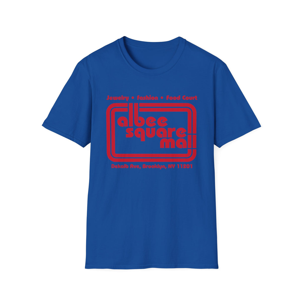 Blue t-shirt with red text for Albee Square Mall, Brooklyn, NY.