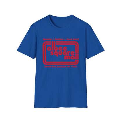 Blue t-shirt with red text for Albee Square Mall, Brooklyn, NY.