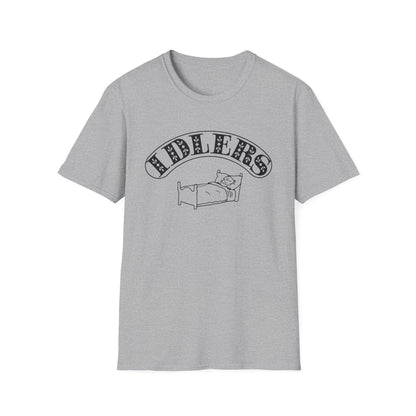 Grey t-shirt with "LDLERS" text and a skeleton in bed graphic.