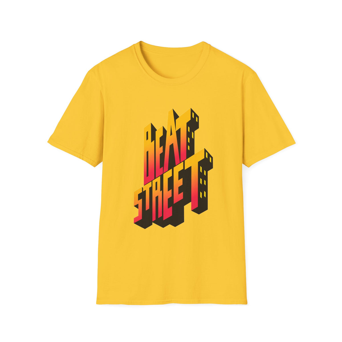Yellow t-shirt with 3D "BEAT STREET" text and city building graphic.