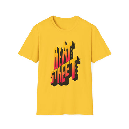 Yellow t-shirt with 3D "BEAT STREET" text and city building graphic.