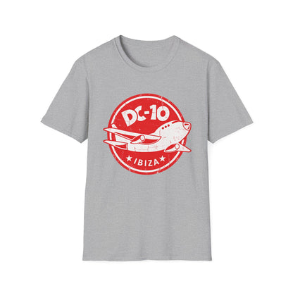 Grey t-shirt with distressed red circle logo featuring a DC-10 airplane and "IBIZA".
