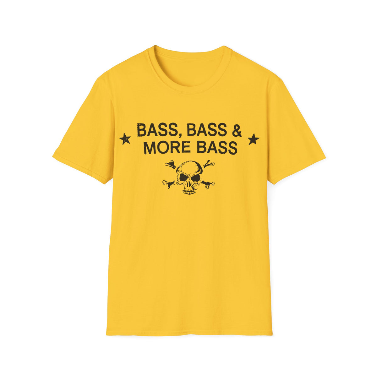 Yellow t-shirt with "BASS, BASS & MORE BASS" and skull graphic.