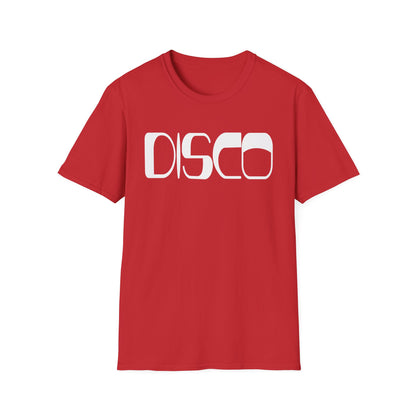 Red t-shirt with white text that spells "DISCO" in a retro font.