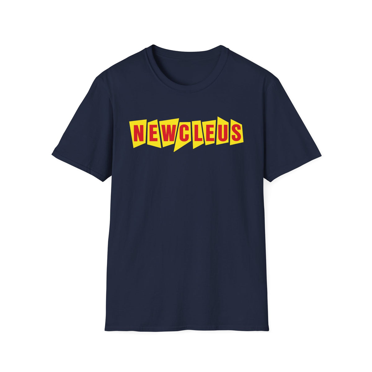 Navy t-shirt with yellow and red "NEWCLEUS" text logo.
