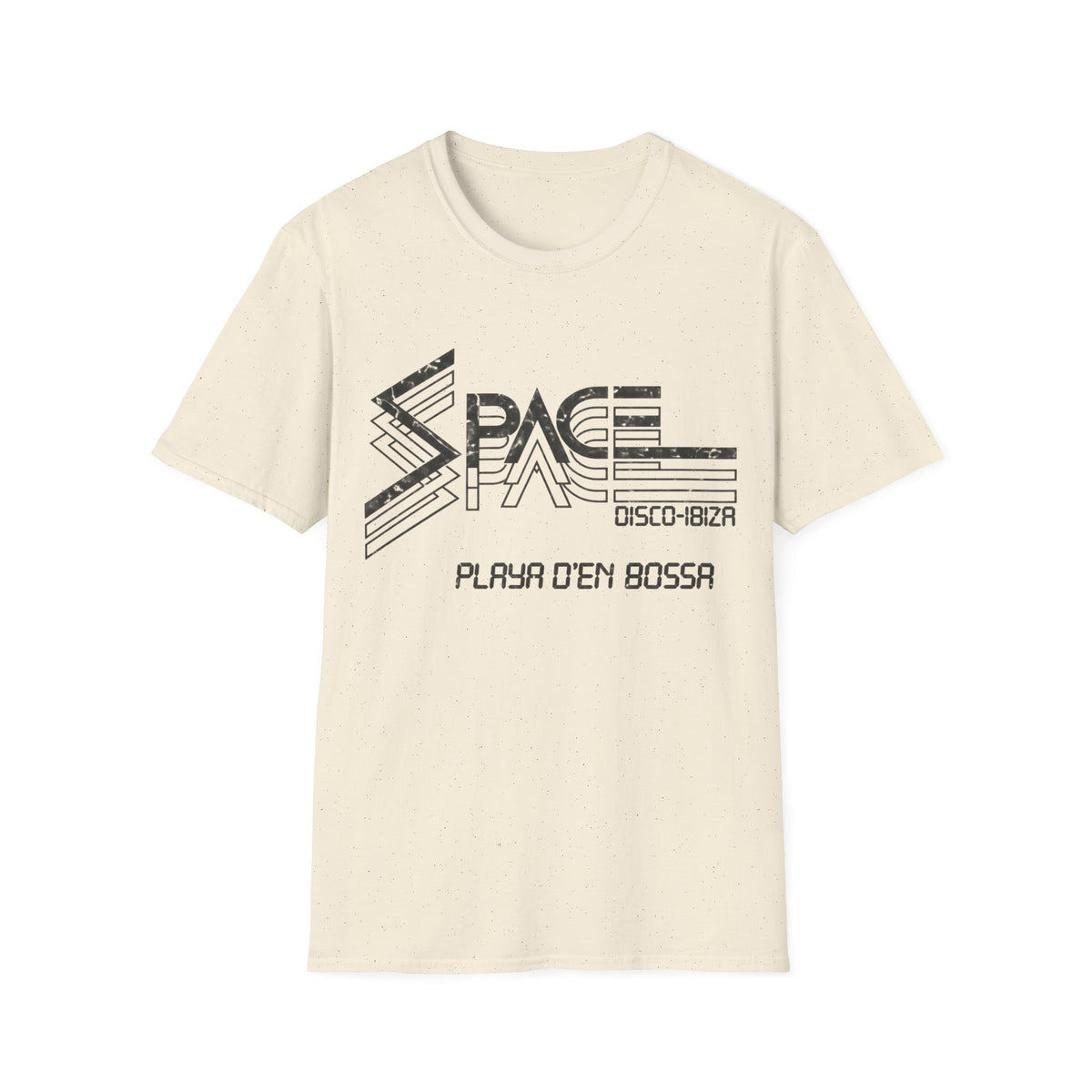 Light cream t-shirt with black "SPACE DISCO-IBIZA PLAYA D'EN BOSSA" graphic.