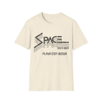 Light cream t-shirt with black "SPACE DISCO-IBIZA PLAYA D'EN BOSSA" graphic.