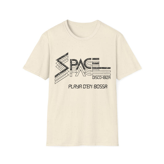 Light cream t-shirt with black "SPACE DISCO-IBIZA PLAYA D'EN BOSSA" graphic.
