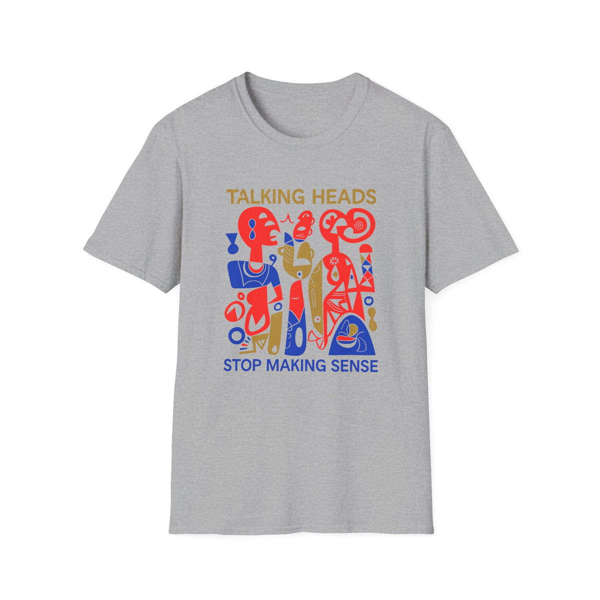 Gray t-shirt with Talking Heads Stop Making Sense graphic in red, blue, and gold.