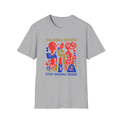 Gray t-shirt with Talking Heads Stop Making Sense graphic in red, blue, and gold.