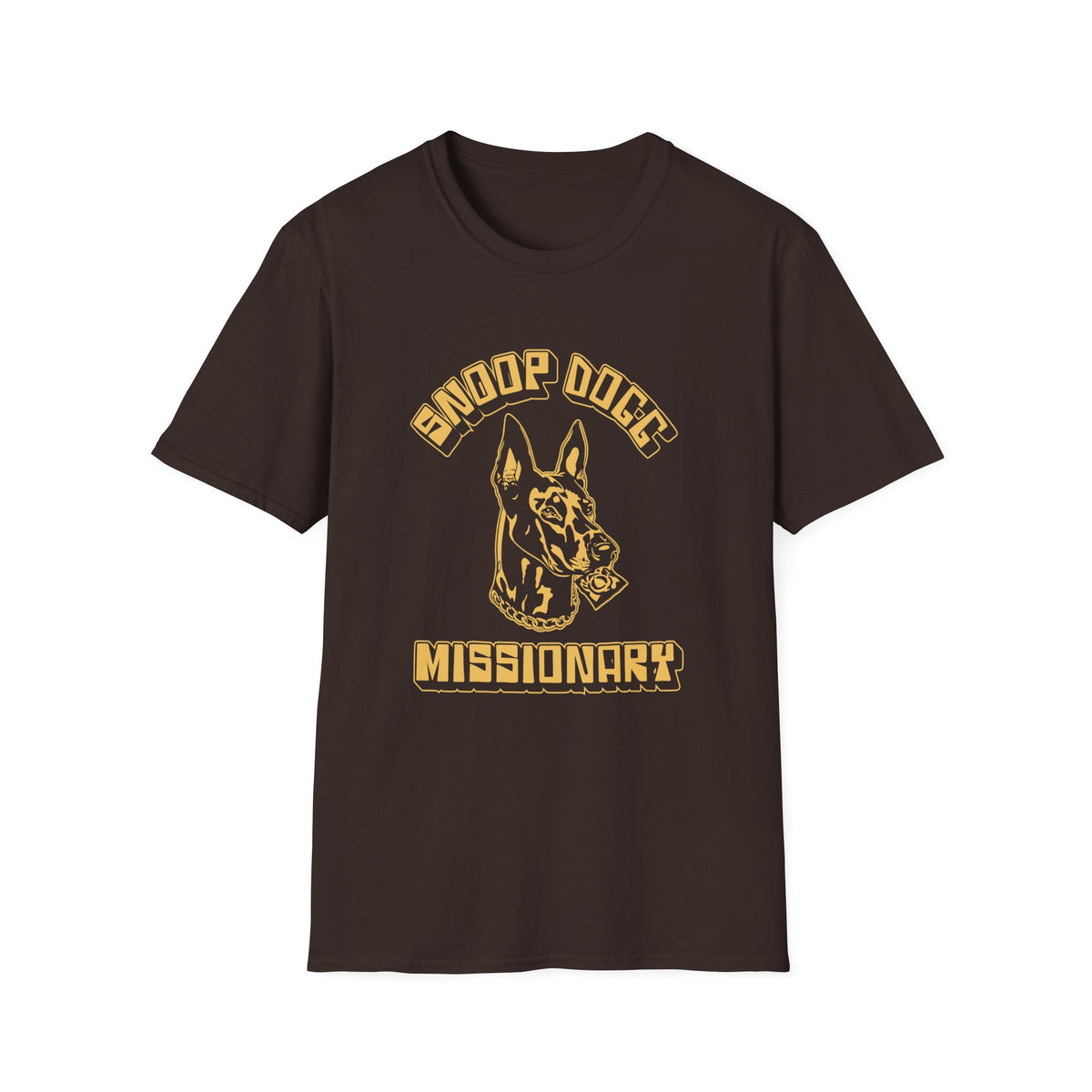 Brown t-shirt with gold "Snoop Dogg Missionary" text and dog head graphic.