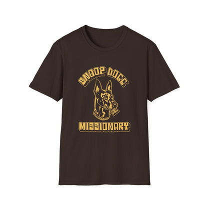 Brown t-shirt with gold "Snoop Dogg Missionary" text and dog head graphic.