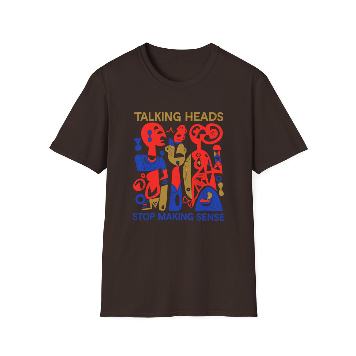Dark brown t-shirt with "Talking Heads Stop Making Sense" and abstract figures graphic.