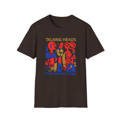 Dark brown t-shirt with "Talking Heads Stop Making Sense" and abstract figures graphic.
