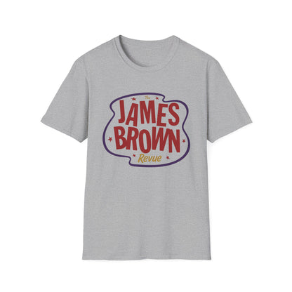 Grey t-shirt with "The James Brown Revue" text and stars graphic.