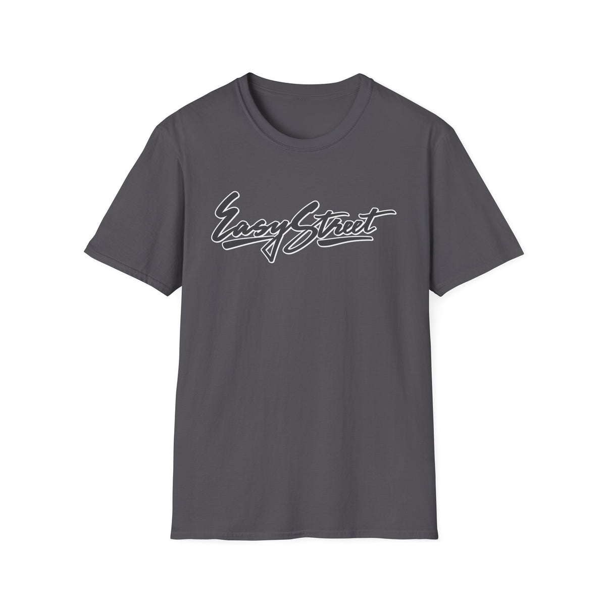 Gray t-shirt with white "Easy Street" script logo.