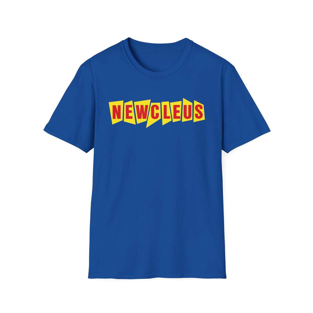 Royal blue t-shirt with red "NEWCLEUS" text in yellow angular boxes.