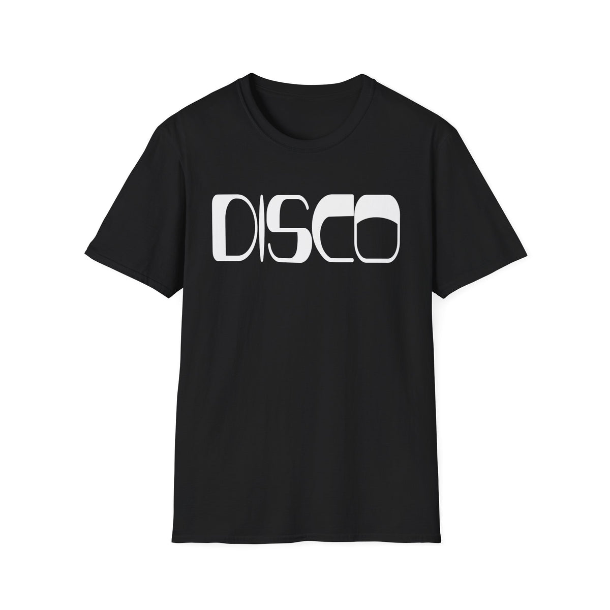 Black t-shirt with white "DISCO" lettering in a stylized font.