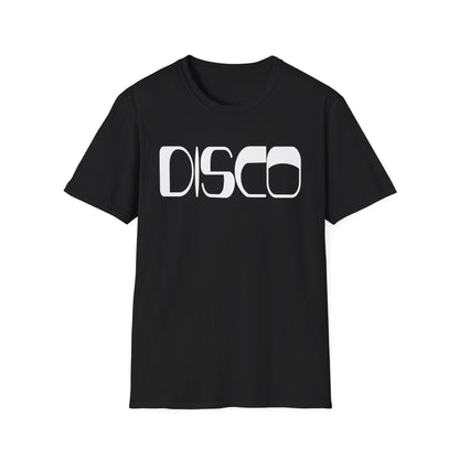 Black t-shirt with white "DISCO" lettering in a stylized font.