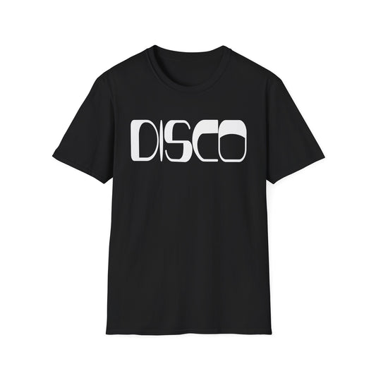 Black t-shirt with white "DISCO" lettering in a stylized font.