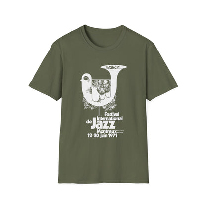 Green t-shirt with white graphic featuring a bird and "Festival International de Jazz Montreux 12-20 juin 1971".