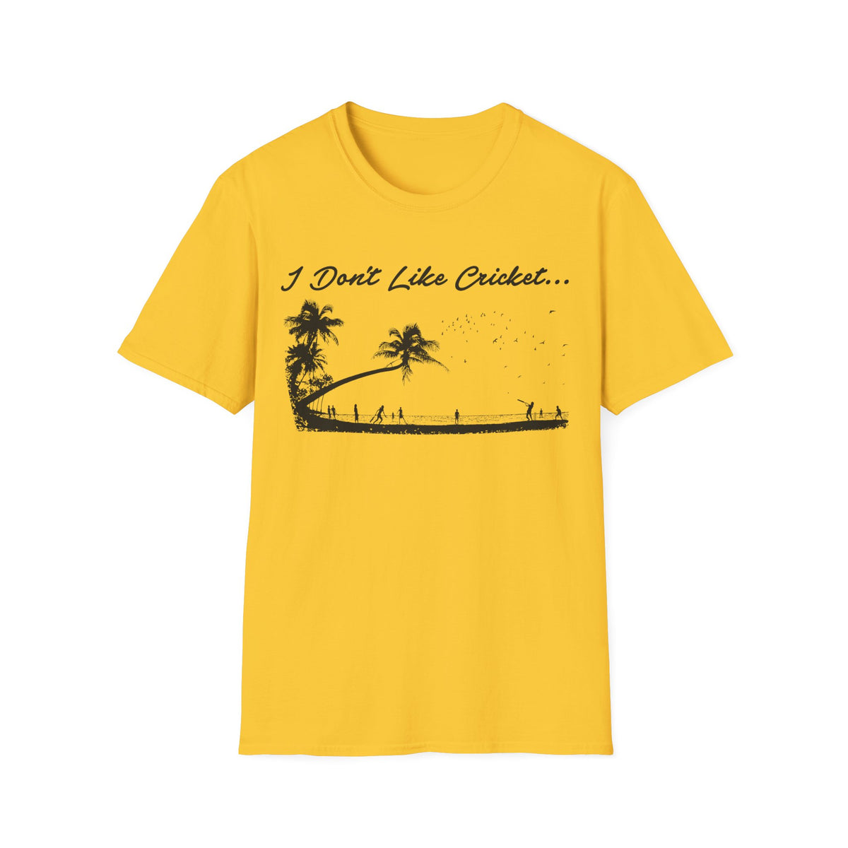 Yellow t-shirt with black graphic of palm trees, people, and birds, and text "I Don't Like Cricket...".